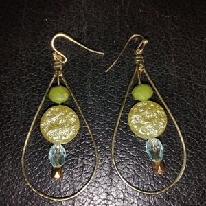 Elegant Gold Toned and Green Beaded Teardrop Earrings